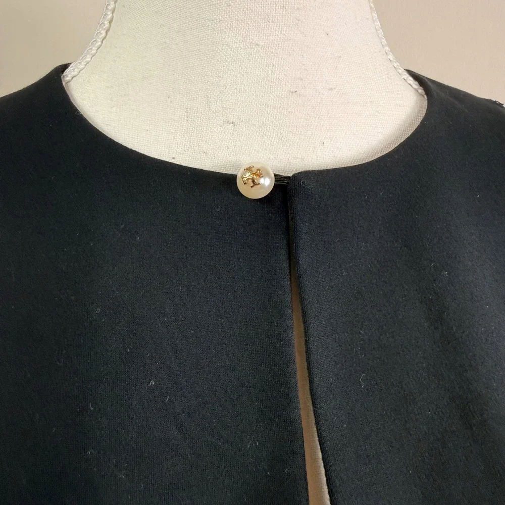 Tory Burch Black Knit Rory Long Sleeve Keyhole Mini Dress Logo Pearl Button XS